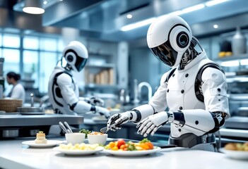 Fototapeta premium Futuristic Culinary: Robot Chefs Preparing Gourmet Dishes in Modern Kitchen
