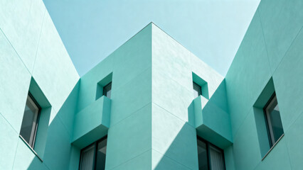 Modern architectural building with turquoise facade and geometric windows under clear sky