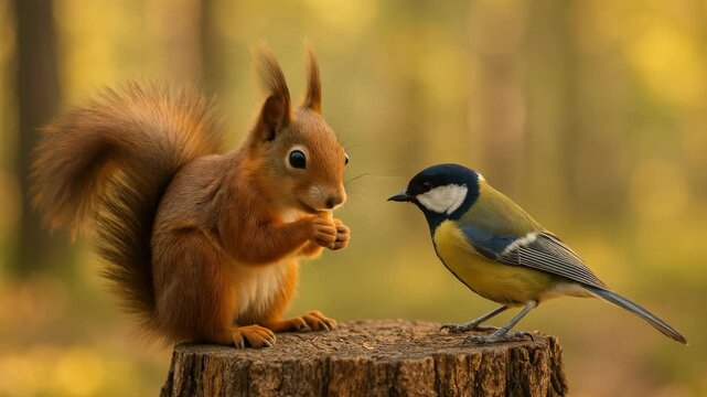 Close-up video frame of a squirrel and bird on a tree stump in a forest. Captured at eye level, highlighting their natural interaction and vibrant colors. Live desktop wallpaper.