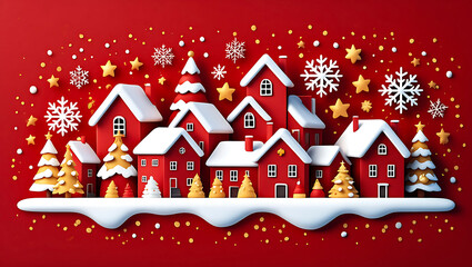 Charming Christmas Village Scene with Snowflakes and Festive Decoration Ideal for Holiday Season Cards and Backgrounds