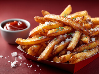 a red cup filled with golden-brown crispy French fries, accompanied by a small bowl of tomato ketchup and some scattered salt particles on a dark surface. The background is a gradient of dark red.
