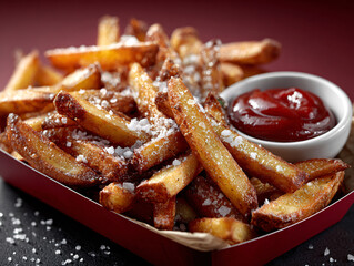 a red cup filled with golden-brown crispy French fries, accompanied by a small bowl of tomato ketchup and some scattered salt particles on a dark surface. The background is a gradient of dark red.