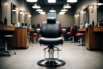 Classic Barber Shop Interior with Leather Chair Awaiting Customers in a Stylish and Modern Setting