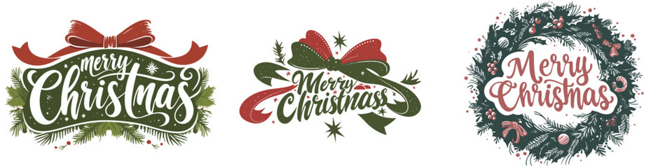 Colorful designs showcase the cheerful greeting Merry Christmas in stylish fonts, surrounded by festive elements like ribbons and greenery, perfect for holiday cards.