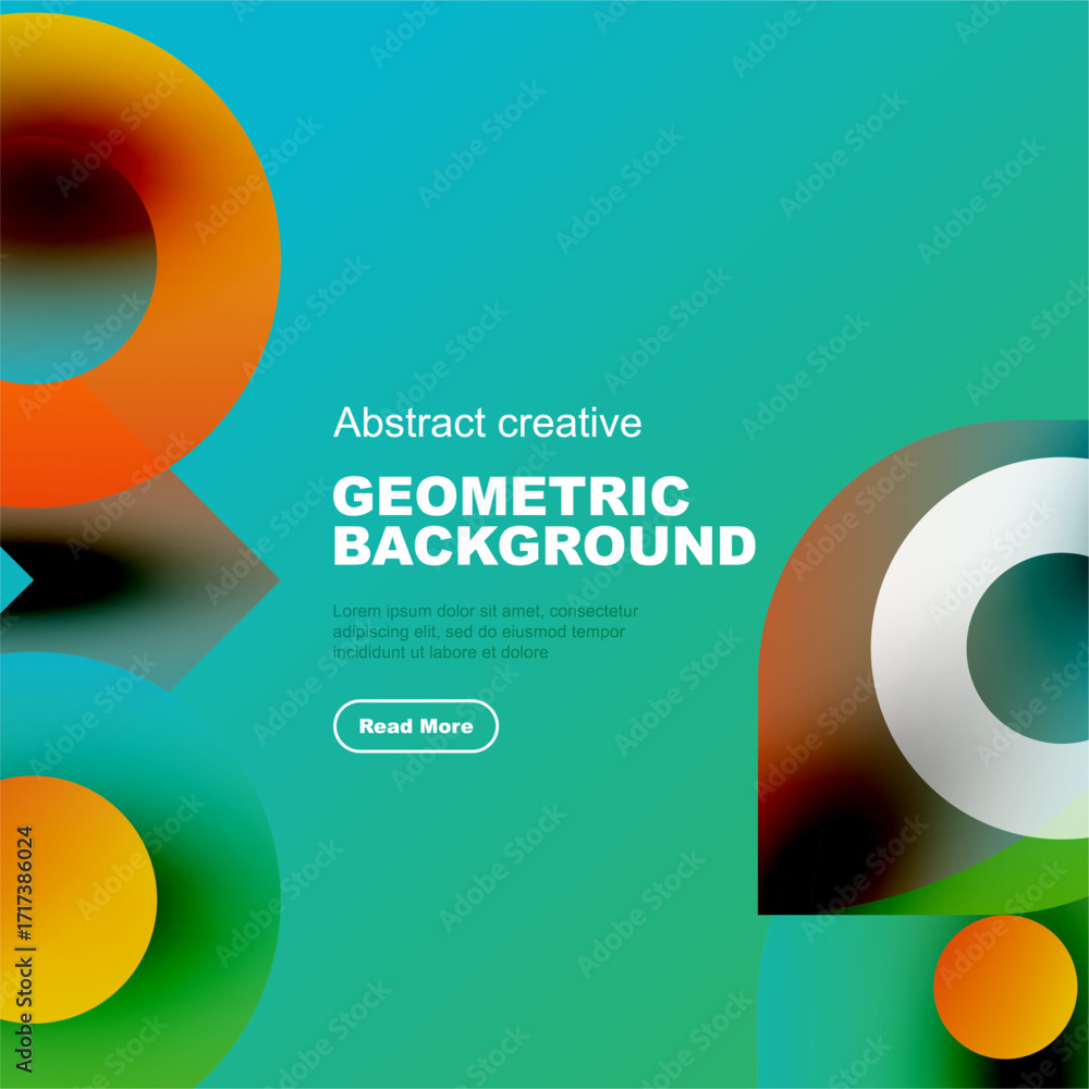 Poster bright abstract design features overlapping colorful circles, text, button. modern geometric backgro