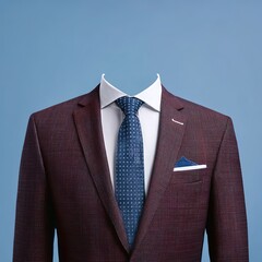 Front-Facing Men's Business Suit Portrait (Strict Front View) - Tailored Deep Burgundy Checkered Suit, Navy Knit Tie, Solid Light Blue Background,High Res