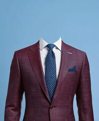 Front-Facing Men's Business Suit Portrait (Strict Front View) - Tailored Deep Burgundy Checkered Suit, Navy Knit Tie, Solid Light Blue Background,High Res