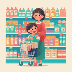 A joyful scene of a mother and her child shopping in a supermarket. The child stands in a cart, while the mother gently holds him, surrounded by various colorful products.