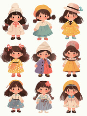 Nine adorable cartoon girls are depicted in different outfits and poses, showcasing their playful styles.