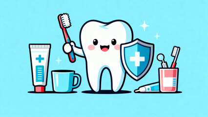 Cartoon tooth holding toothbrush and shield surrounded by dental care items on blue background