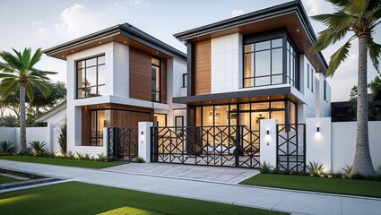 Fototapeta premium a modern, two-story residential house with a contemporary architectural style. The exterior features a combination of white and wooden paneling, complemented by large glass windows that allow natural 