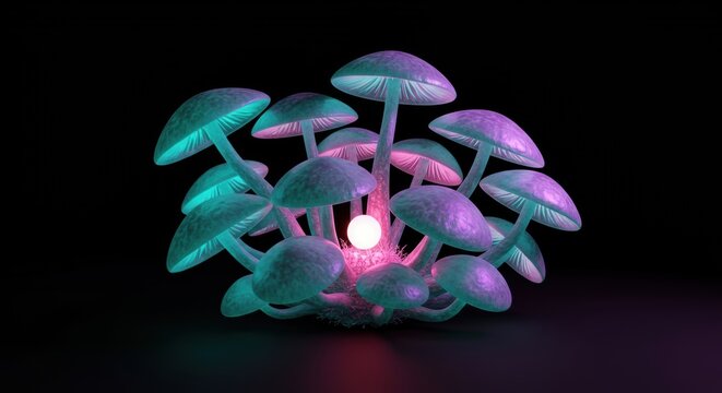 Mystical Luminosity: A cluster of illuminated mushrooms exudes an enchanting, otherworldly glow. The surreal composition evokes a sense of mystery and fantasy.