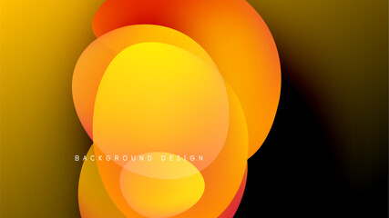 Abstract shapes overlap, creating vibrant orange, yellow gradients. Dark background emphasizes luminosity, modern design aesthetic.