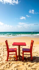 Fototapeta premium Red beachside table and chairs