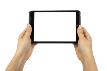 Female Hands Gripping a Tablet Device with a Blank Screen holding technology isolated on a transparent background