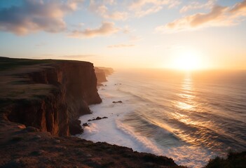 Obraz premium Majestic Coastal Cliffs Bathed in Golden Sunset Light with Reflective Ocean Waves