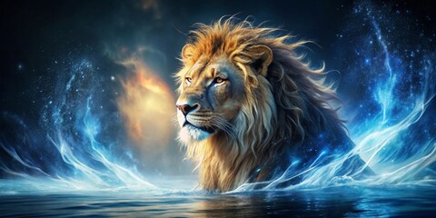 Naklejka premium Majestic Lion Emerging from Celestial Waters, a Symbol of Power and Serenity