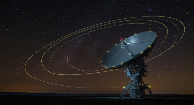 Astronomical observation and signal processing A view of a radio telescope against the night sky - Powered by Adobe