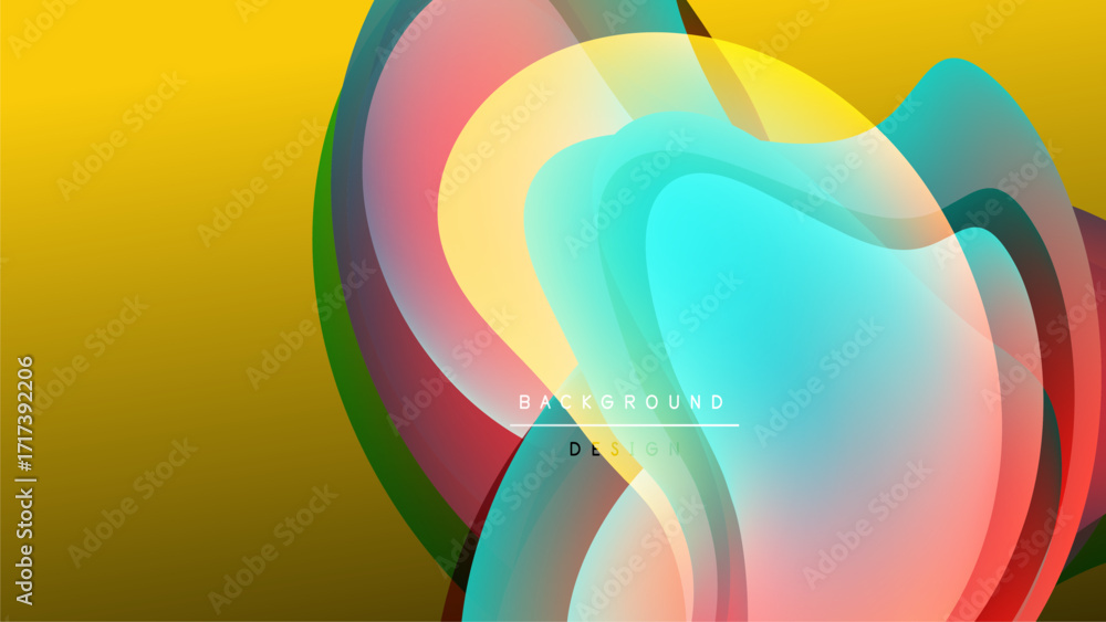 Poster abstract colorful layers create dynamic visual effect. yellow background contrasts with translucent 