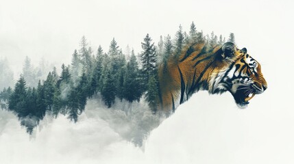 Double exposure of roaring tiger blended with dense jungle trees, dramatic lighting, misty forest background.