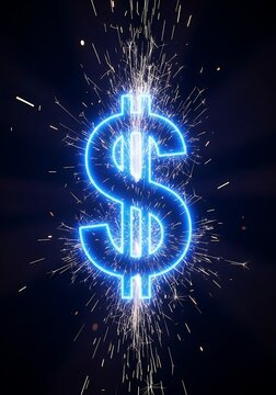 A vibrant blue dollar sign symbol is outlined with sparkling sparks against a dark background.