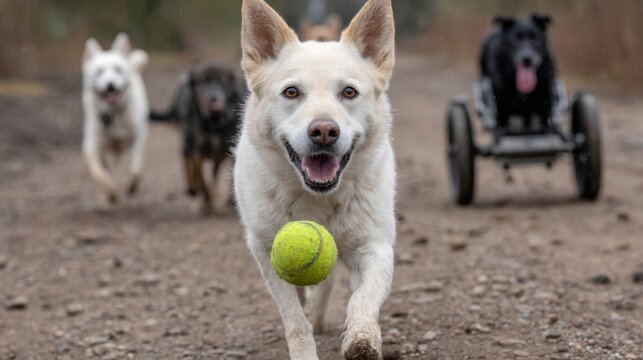 Happy dogs playing fetch on a dirt path with a vibrant green tennis ball in a natural outdoor setting