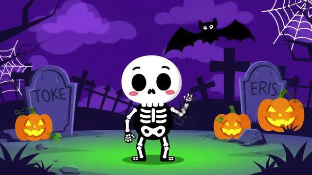 Delightful cartoon skeleton character waves hello in a whimsical Halloween graveyard setting with smiling pumpkins, bats, and moonlit tombstones
