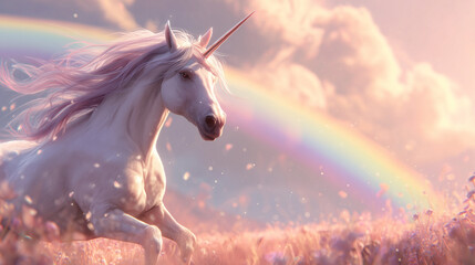 Beautiful illustration of a unicorn running over a rainbow