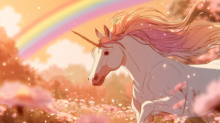 unicorn flying in a rainbow sky