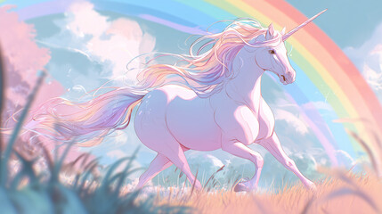 unicorn flying in a rainbow sky