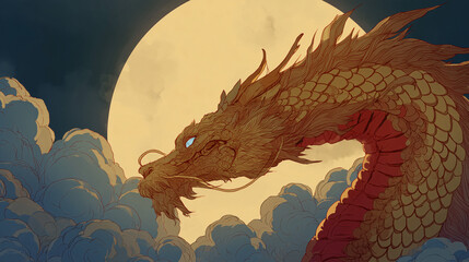 Illustration of a traditional dragon flying among the clouds