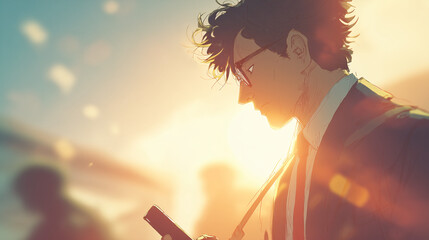 An anime-style businessman uses his mobile phone outside the building of a large technology company.