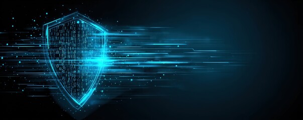 A digital shield graphic represents cybersecurity, featuring a glowing blue design with data streams in a dark background.