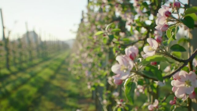 Blooming apple orchard row with pink flowers on trees in spring morning, blurred focus, nature, outdoor landscape, orchard, flower, tree