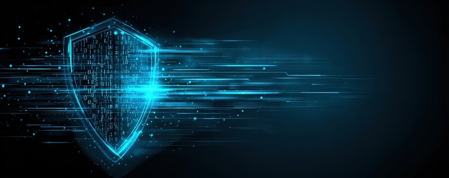 A digital shield graphic represents cybersecurity, featuring a glowing blue design with data streams in a dark background.