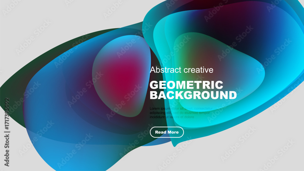 Poster fluid shapes overlap, creating vibrant geometric background. text promotes further exploration. mode
