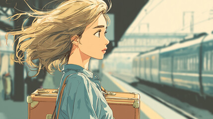 Woman waiting for the train at the train station