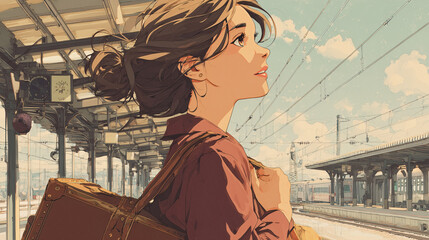 Woman waiting for the train at the train station