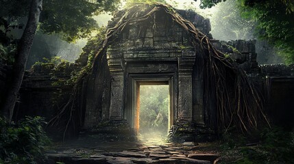 Explore an ancient stone gateway overgrown with roots in a mysterious, lost jungle city, evoking adventure and intrigue.