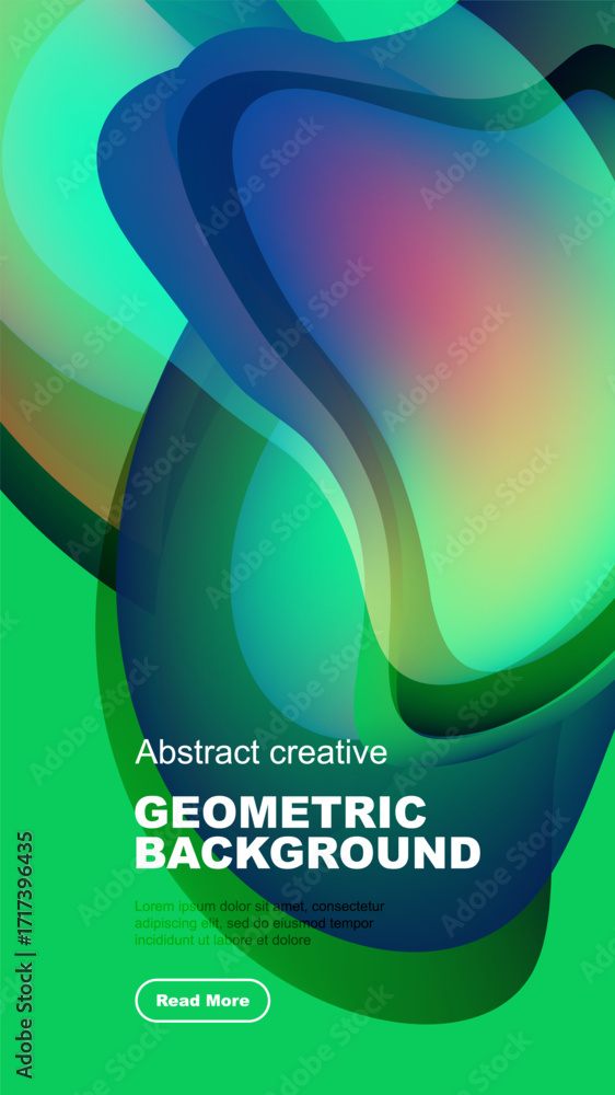 Poster vibrant abstract shapes overlap, creating dynamic gradient effect. dark background emphasizes bright