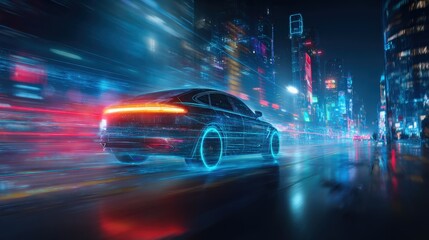 Fototapeta premium A futuristic car speeds through a vibrant cityscape at night, surrounded by colorful neon lights and a sense of motion.