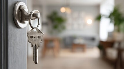 A silver key is hanging from a door handle