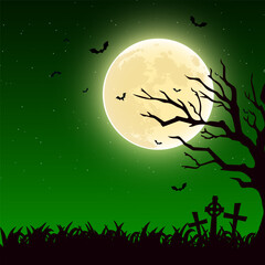 Halloween Background With Tombstone And Silhouette Of Tree Under Full Moon