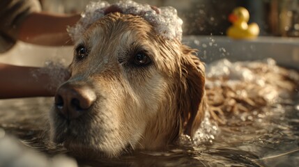 Close-up shot of a woman's hands massaging shampoo into the fur of a calm golden retriever in a bathtub. Water ripples, shiny wet fur, rich lather. 