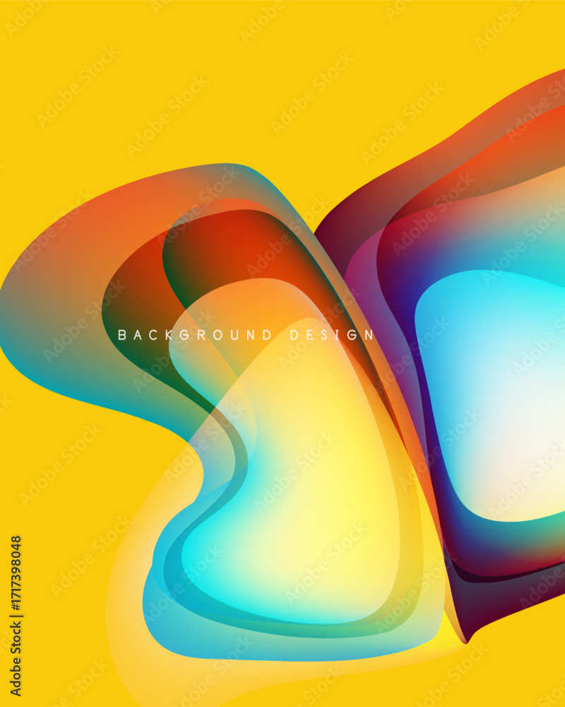 Poster abstract colorful layers overlap yellow backdrop. smooth gradients create dynamic visual effect. mod