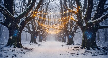 Naklejka premium A magical winter forest scene with snow-covered trees and glowing string lights, creating an enchanting, festive pathway that captures the serene beauty and wonder of the holiday season in nature.