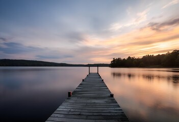 Serene Lake Sunset: Wooden Dock Leading to Tranquil Waters Under Pastel Sky