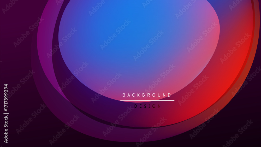 Poster abstract design features layered circles, vibrant colors blend from blue to red. dark background emp