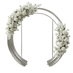 Elegant Circular Silver Metallic Arch Adorned with Delicate White Flowers on a Soft Gray Backdrop for Wedding Ceremony Decoration