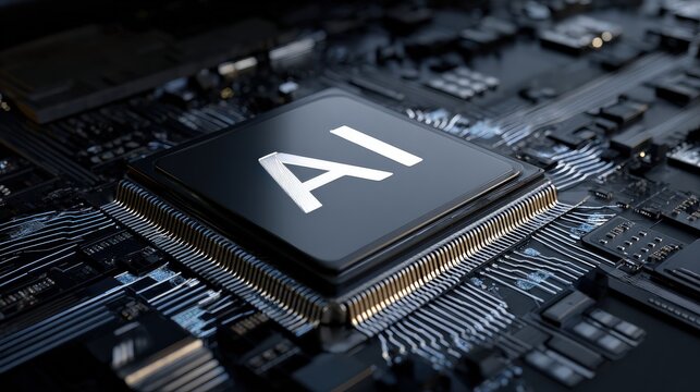 A close-up view of a computer chip featuring the letters "AI," symbolizing advancements in artificial intelligence technology.
